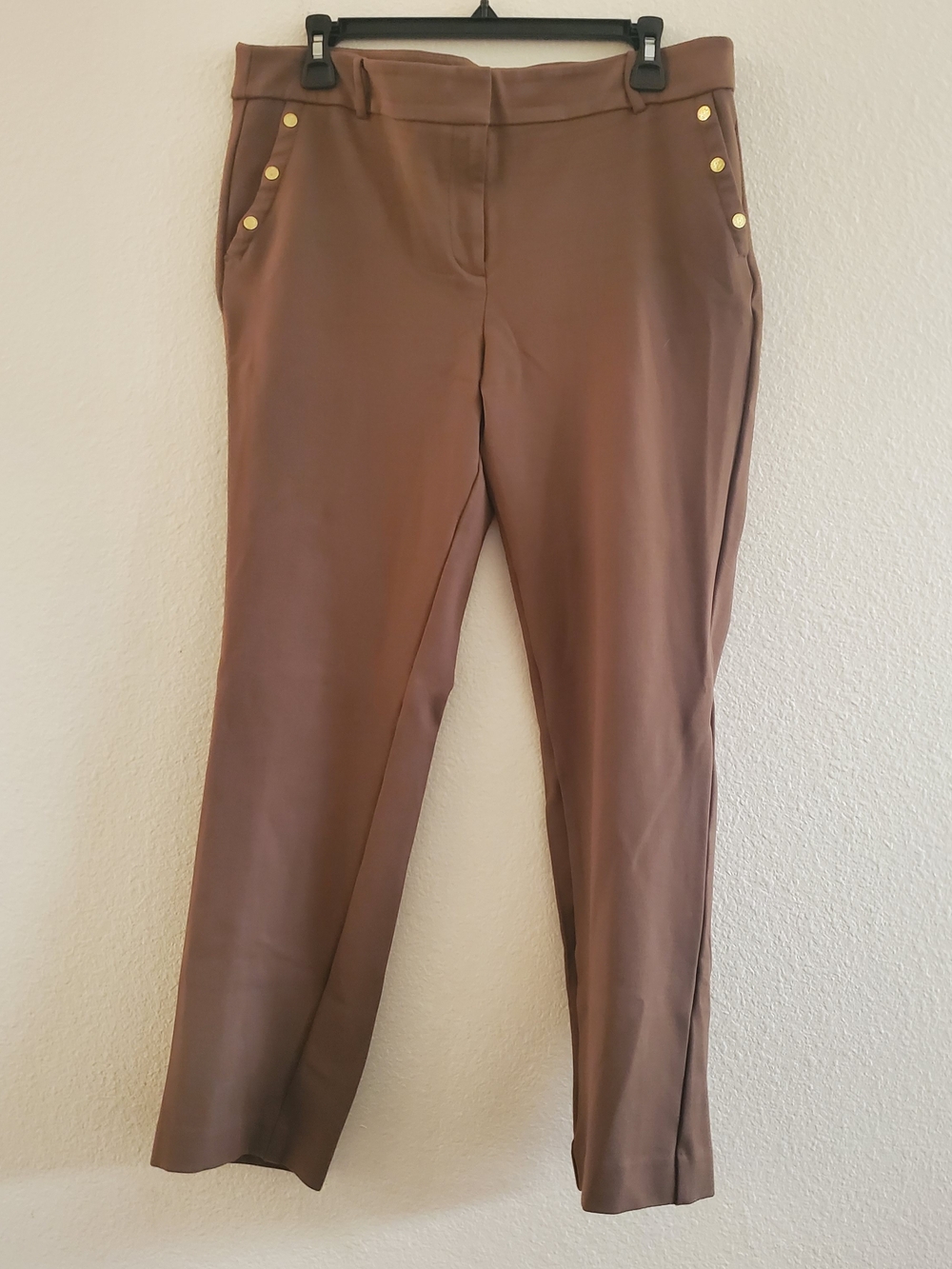 Anne Klein Chocolate Brown Straight-Leg Pants with Gold Buttons Size 14P